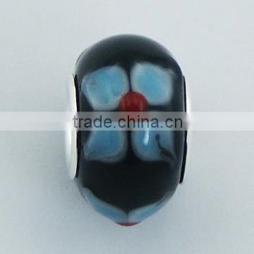 Red Spheres Relief Blue Flowers Black Murano Glass Bead