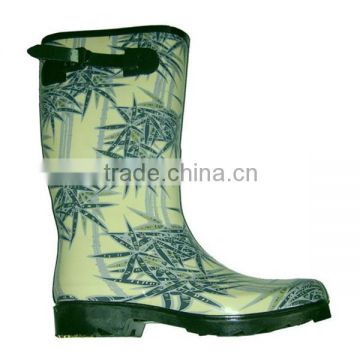 bamboo printed women rubber boots with buckle,fancy high quality girls rain boots,OEM best rain footwear supplier