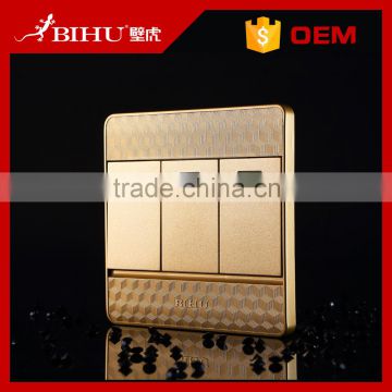 China suppier BIHU golden PC 3 gang 1way led light switch for home