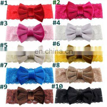 4Inches Baby Girl velvet Bows Headband Kids Solid Lace Hairband 10Colors