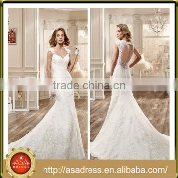 VDN21 High Quality Full Lace Appliqued Cap Sleeve Bridal Wedding Gown Crepe Wedding Princess Dress with Lace Keyhole Back