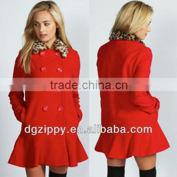 Peplum hem detachable leopard fur collar coat fashion women coat