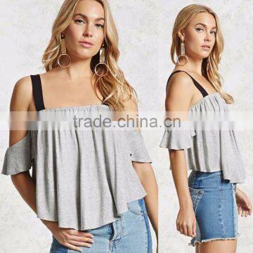 knitwear Ladies Blouse Model Square neckline Short Sleeves Contrast shoulder straps Open-Shoulder Fashion Women Top