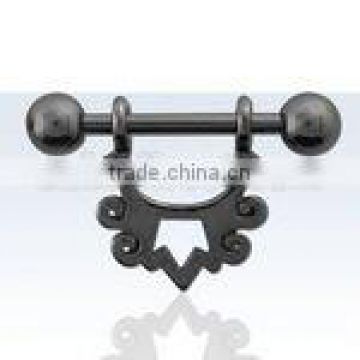 Black plated nipple ring barbell with half-shield in crown design