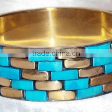 Turquoise Color Bone Chips Brass Bangle, Women Metal Bangle 11834