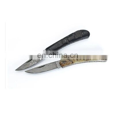 High quality horn handle camping back lock pocket knife damascus steel folding knife
