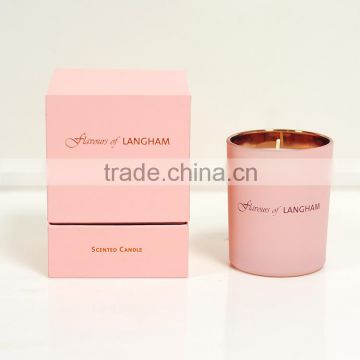 Personalized luxury scented soy wax candle in electroplating gold& frosted pink glass jar with custom logo and gift box