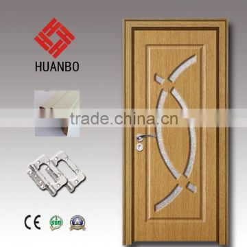 Cheap wood mdf pvc wooden interior single glass insert flush door with frame for washroom