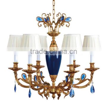 Luxurious Vintage Victorian Style Royal Imperial Blue Porcelain and Crystal Golden Brass Pendant Lamp, Chandelier BF12-05254g