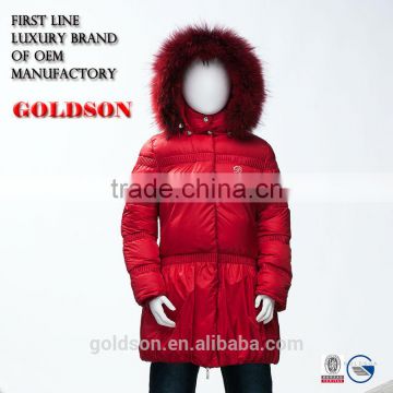European Design Long Warm Winter Children Sets Girl Red Long Goose Down Jacket with Fur Hood