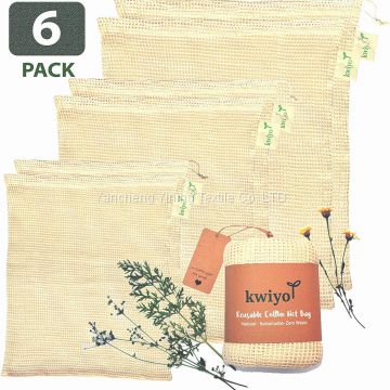 Cotton Produce Bags - 6 Pack Reusable Mesh Produce Bags - Washable Vegetable Bags with Drawstring and Tare Weight on Tag - Zero Waste Produce Bags for Grocery Shopping and Storage