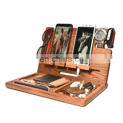 Multifunction bamboo wood phone docking station cell phone stand watch holder