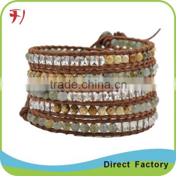 Black Natural Stone Bead Bracelet,Crystal Bead Wrap Bracelet,Brown Real Leather Wrap Bracelet