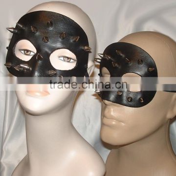 Black Genuine Leather Venetian Mask Unisex Steel Spikes Halloween Costume Adult