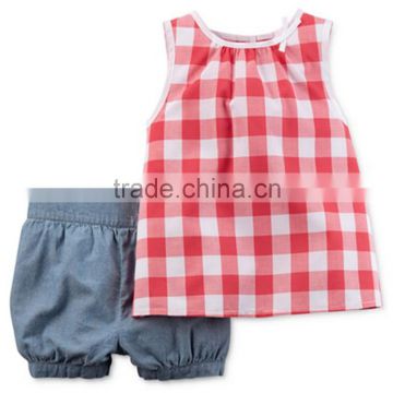 100% Ctn, Children Girls Set, Vest with Woven Stripe Fabrics and Pant with Denim Solid Fabrics