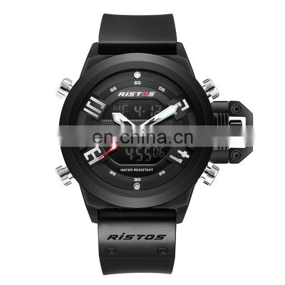 RISTOS 9391 Men Quartz Digital Dual Display Sport Watches Fashion Silicone Strap Week Time Display Wristwatch