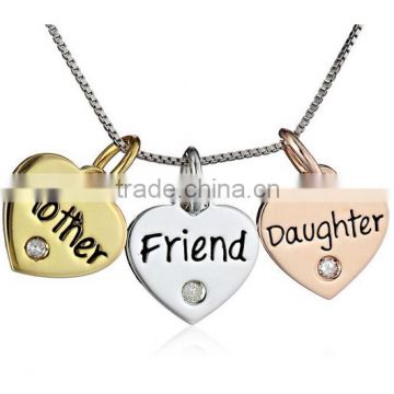 Two Tone Sterling Silver Mother Daughter Friend Three Heart Diamond Accent Pendant Necklace