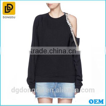 New Fashion 2016 Casual Embellished Asymmetric Cold Shoulder Hoodies for Ladies