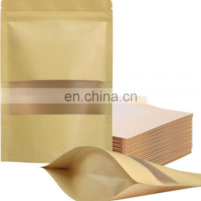 Wholesale food grade ziplock brown kraft paper bags with clear window  zip lock stand up pouch kraft bag with window