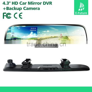 Manufacture 4.3" Blue Glass Anti-glare 1080P+720P 2CH Car Rearview Mirror Camera DVR