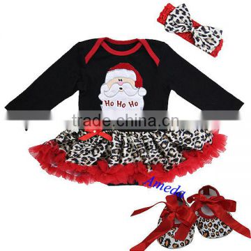 Baby Xmas Black Red Leopard Santa Long Sleeves Bodysuit Jumpsuit Romper Pettiskirt Headband Crib Shoes NB-18M