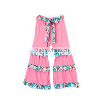 Newest design wholesale kids palazzo pants pink and floral belted ruffle pants girls ruffle pants