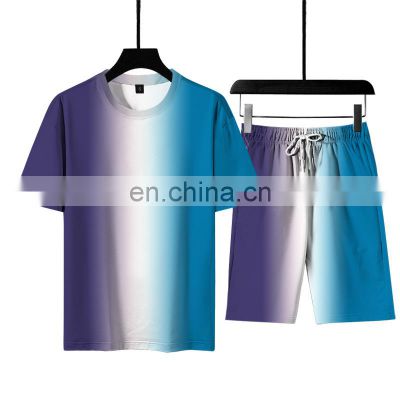 Customized personality men's 3D gradient printing fashion shorts men's casual five-point pants round neck T-shirt set