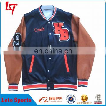 Sublimation printing baseball wear/OEM custom leather sleeve baseball jacket/ High quality baseball jacket