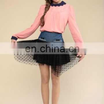 ladies fashion long sleeve chffon blouse match mesh mini skirt suit