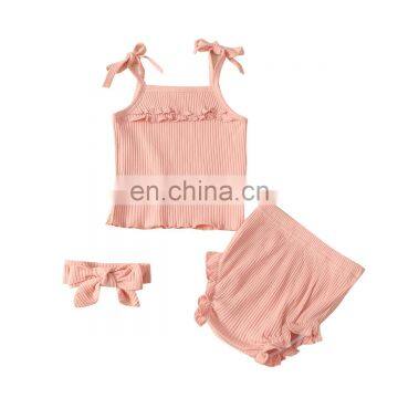 Baby Girls Knitted Clothes Straps Sleeveless Ruffled Vest Top Bloomer Shorts Headband Summer 3Pcs Outfits