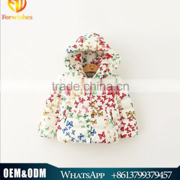 2015 Whosale high quality korean style children clothing girl winter outwear girl hooded coat with butterfly full printed