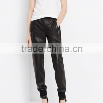 2015 popular fashion faux leather with elastic waistband ladies mixed jogger