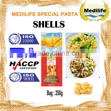 High quality Shell Pasta, Macaroni, Shells 250g Bag, Mediterranean Shells with FDA Certification.