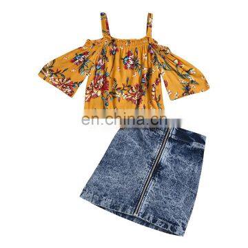 Cold Shoulder Blouse and Demin Skirt Summer Little Girl Outfit Sets Kids Clothing