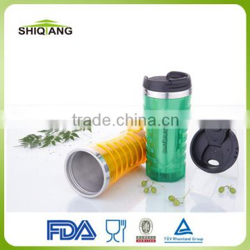China wholesale food grade 450ml double wall stainless steel inner plastic outer office coffee mug with leakproof lid