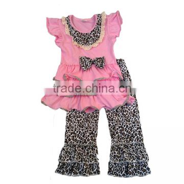 children clothing 2017 pink color flutter sleeve ruffle dress match leopard print pants outfits baby toddler clothing