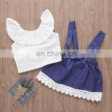 2019 New Summer Outfits White Lace Girls Cotton Top & Baby Denim Blue Suspender Skirt 2PCS Set