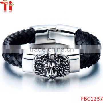 Braided Leather Bracelet for Men with Stainless Steel Lion clasp