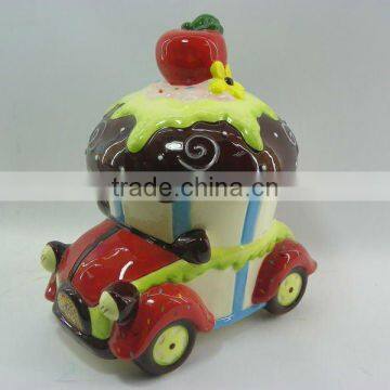 Hot sale round chocolate DeHua ceramic cupcake cookie jar in car shape
