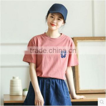 Flower embroidery pure color cotton T-shirt female fresh round collar short sleeve summer new literature and art