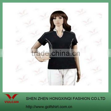 Black ladies golf polo shirt plaid V collar made of cotton fabric