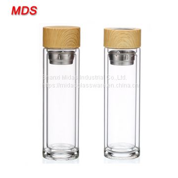 350ml double wall glass tea infuser water bottle with bamboo lid