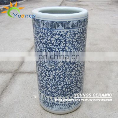 Varied Chinese Blue And White Ceramic Cylinder Umbrella Holder Vases