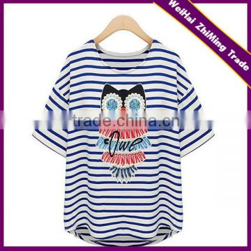 new women in Europe and America loose cotton short-sleeved striped T-shirt tops beaded owl