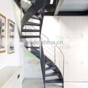 carbon steel curved Staicase with wood steps and rod rails