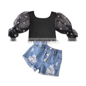 kids Summer Clothing set girl lace dot shirt denim shorts set summer long sleeve shirt hole jeans outfit