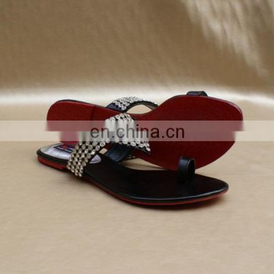 women flat jeweler design leather sandals shoes