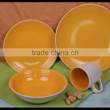 yellow color with embossed stripe stoneware tableware made in China 16pcs ceramic dinnerware color glaze stoneware dinner set