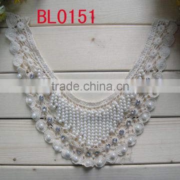 Wholesale pearl rhinestone white embroidery lace lady neck trim