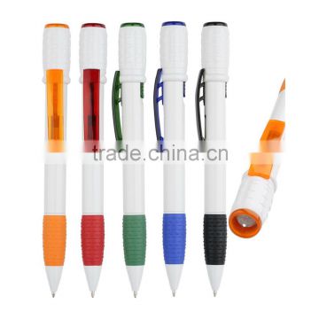Transparent color trims Multi function twist action pen color rubber grip promotional LED pen writing in the dark